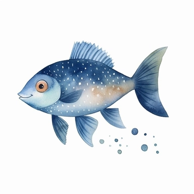 watercolor fish, baby fish clipart, in the style of light indigo and beige, elsa beskow, animated gifs, kinuko y. craft, animal figurines, dotted, mural painting