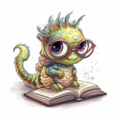 kawaii adorable fantasy book worm wearing cute glasses, nursery art, clipart image, line art image, white background, inspired by yoshitaka amano art, very detailed, 8k