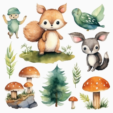 A watercolor cute baby forest animal clipart, wood landscape