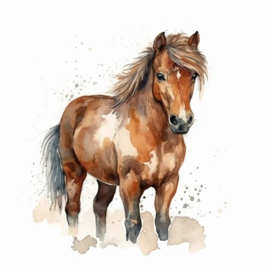 drawn illustration of adorable mustang horse clipart, digital art, HD, white background, watercolor, clean line art