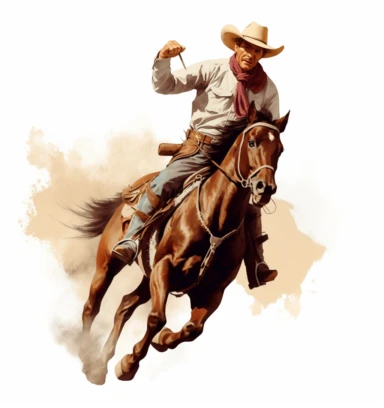 a cowboy riding on horse clip art image, cowboy riding clipart., in the style of cartoon realism, aerial view, uhd image, eye-catching, skillful, lively movement portrayal