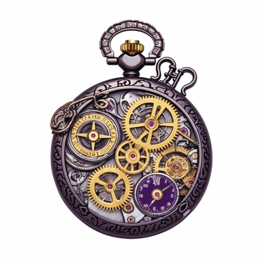 Steampunk pocket watch with a purple face and gold gears, watercolor, Steampunk, dark purple color theme, Detailed, clipart, white background, watercolor, hyperrealism, high detail, isolated elements