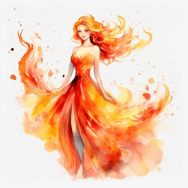 watercolor fire Princesses, flame around, detailed, hd, clipart