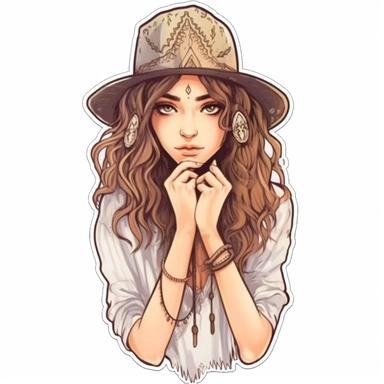 semi-realistic spiritual mysterious shy cute girl sticker, fair skin, in boho style, magical aura, fantasy, clipart, white background, high quality, contour