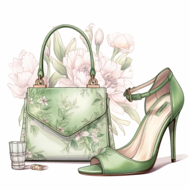 watercolor clipart of vintage green and pink two high-heeled shoes and a small handbag, floral, color pencil drawing, nice composition, vector, outline, isolated white background, 16k