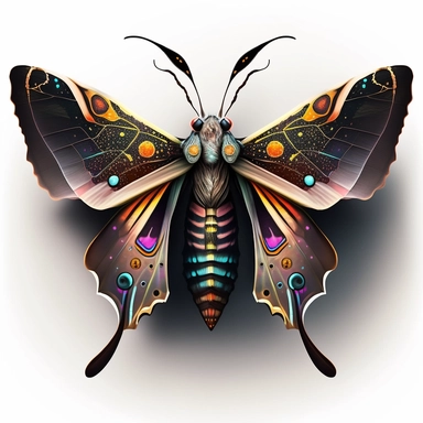 Best Colorful, a Moth Clipart, fantasy Moth Png, exotic moth, vibrant colours, white background, no text, front look, A captivating mystical moth clipart in deep black, its ethereal wings adorned with subtle iridescent patterns that seem to dance in the darkness, contrasting against a pure white background.