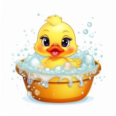 clipart, cute kawaii baby duck in a bathtub of full of bubbles, isolated on a white background, cartoon style, chibi style, vector, 3D, no shadows