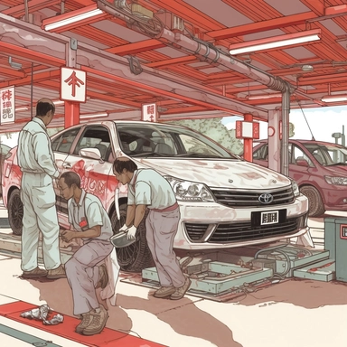 A scene of Toyota service mechanics working on automobiles, clipart, in the style of detailed attention to costume and fashion, light red and dark gray, plein-air, loose linework, uniformly staged images, contact printing, hanging scroll