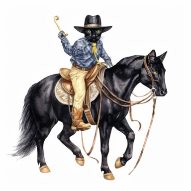 A clipart of a black cat wearing a cowboy hat and a bandana, riding a horse and holding a lasso, watercolor style, realistic, bright colors, 300 dpi, 8k, white and clear background