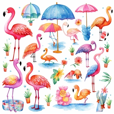colorful watercolor flamingo collection clipart, in the style of whimsical cartoon-style, various goods, multiple objects, fun, summer equipments, jcore, playful, youthful images, iso 200, manapunk, primary colors, white background tropical