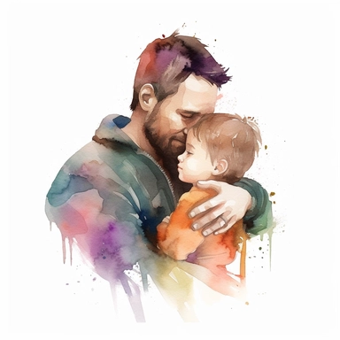 Image of a father and child cuddling or sharing a warm embrace, water color style, clipart, white background