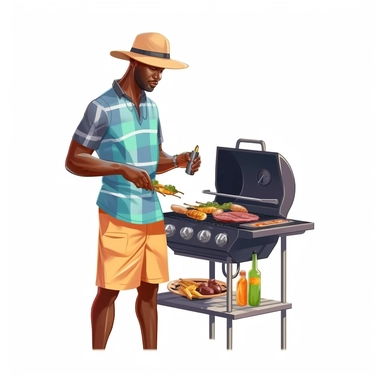 a 3D unrealistic image of a black man cooking on an outdoor grill dressed in summer clothes clipart, graphic vector, isolated on white background