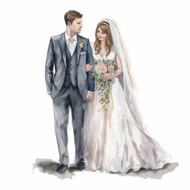 Watercolour of a bride and groom , Clipart,Cartoon,hyper realistic, intricate detail, illustration style,high resolution, isolated on a white background