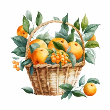 watercolor oranges in a basket clipart, white background