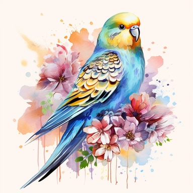 budgie bird,watercolour style, colourful, rainbow, watercolour, isolated solid background, pretty, floral, clipart, include branch and flowers--no watermark, text, words, paintbrush, typography