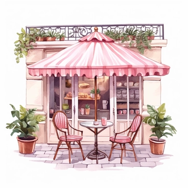 commercial shot of realistic french boho parisian pink pastel cozy cafe with open doors cute elegant tables and parasol and plants in front clipart, french cafe, high quality, intricate design, clipart witchcore dreamcore cottagecore white background no text, isolated on white, ghibli style,