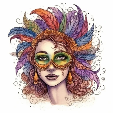 mardi gras, cute girl wearring carnival mask, kaluta art style, pen and ink watercolor clipart,isolated on white background