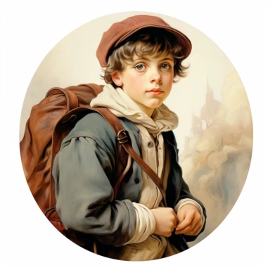 very beautiful boy with schoolbag, vintage, white background, round clipart with pastel color, detailed and lovely Renaissance painting
