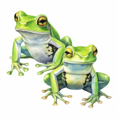 tropical green frogs clipart, watercolor style, hyper realistic, detailed, white background