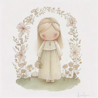 A cute watercolour drawing of a girl wearing a beautiful holy communion dress, flowers, holy communion, childrens book illustration, melancholy pastel art, children book illustration, childrenbook illustration, kawaii, children’s book illustration, children's book illustration, inspired by nicoletta ceccoli, cute storybook illustration, illustration for children, by nicoletta ceccoli, wlop! muted colours, Clipart style, transparent background