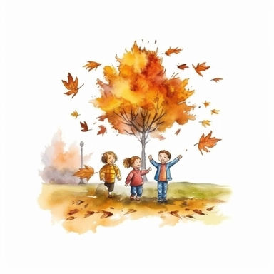 watercolor style, realistic autumn scenery, kids throwing leaves under the autumn tree, kids close up, clipart, isolated on white background, 4K