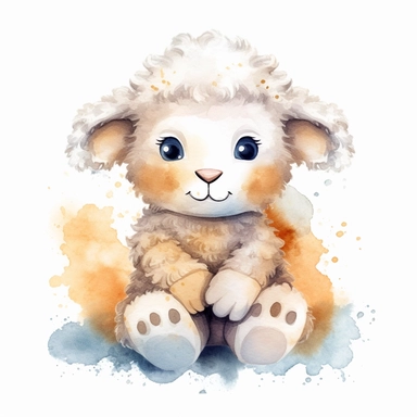 a captivating watercolor clipart image with a white background and white margins, featuring a cute sweet extremely happy stuffed sheep toy. The ultra-detailed, hand-drawn elements capture the details. Use vibrant shades of various colors to create a visually appealing image