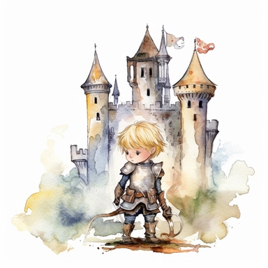 Cute knight boy blonde hair with castle in the back, beautiful medieval fantasy clipart, fantastical 3d, watercolor, white background,