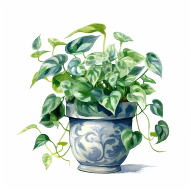 A serene watercolor clipart image featuring a Pothos plant. The artwork showcases the lush foliage and trailing vines of this popular indoor plant. The Pothos leaves, with their vibrant shades of green and distinctive variegated patterns, create a visually appealing display. Soft brushstrokes and delicate washes of color add a sense of tranquility and natural beauty to the composition. Whether used in home decor or botanical designs, this captivating clipart is perfect for adding a touch of eleg