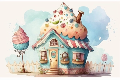 Very cute and Whimsical cupcake house, colorful, Watercolored illustration, clipart, white background