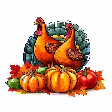 fall funny turkey and pumpkin cartoon in vivid colors clipart on a white background , in the style of rural america, high resolution, sarah purser, rural life scenes, large canvases, illustration, celebration of rural life , no watermark, text, words, paintbrush, 300 DPI, the images do not stick together, no text in the picture