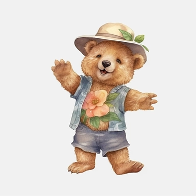 Cute baby bear clipart, happy expression, standing in dynamic pose, full body,2000s color scheme, wear a baseball cap, Graphic T-shirt, front view, in the style of watercolor cartoon clipart, kate greenaway style, high resolution, composition free space,watercolour clipart, watercolor illlustration for kids and children, isolated white background, clipart most popular on etsy, book illustration, featured on dribble, print on demand image, PNG tranparent background, composition medium shot, no te