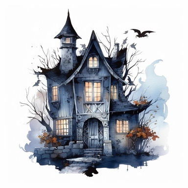 watercolor witch house, gothic vintage style witch house, super high quality, professional watercolor clipart, high resolution, clip art, animals on the sides cauldrons in the backyard, gargoyles, bats