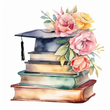 Graduation caps on top of stack of books with flowers, watercolor clipart, soft colors, border