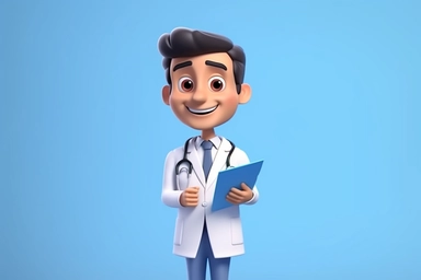 3d render. Cartoon doctor character holds clipboard. Clip art isolated on blue background. Professional consultation. Medical concept