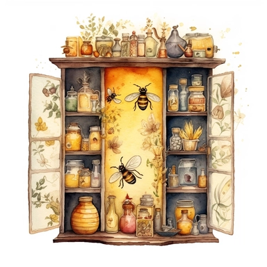 whimsical watercolour clip art curiosity cabinet with glass doors. Bee and honey themed