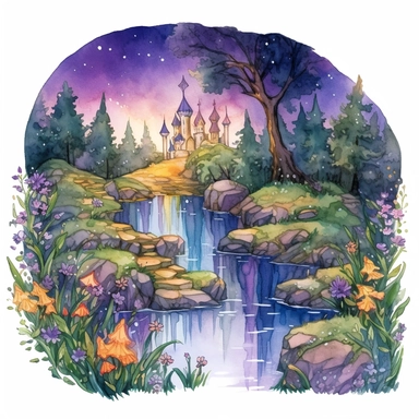 cartoon fairy glen by the River, grass and flowers line the sides if the river, glowing lights and sparkles, colors of green purple gold and blue, glamorous realistic and detailed, watercolor, white background with margins, clipart style