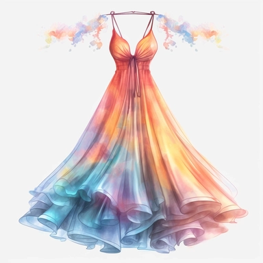 panoramic view, full view, beautiful flowing tropical party dress in vibrant colors on ornate hanger, shabby chic, elegant, ethereal, romantic, fantasy, high detail, shabby chic, sharp focus, 8k, illustration sketch, clipart style, transparent background