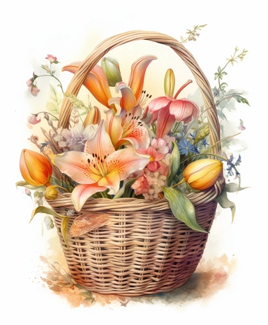 illustration watercolor art of cute beautiful lily woven basket, provence, meadow, many small and colorful particles, masterpiece by Jean-Baptiste Monge style and Giuseppe Arcimboldo style and Hans Zatzka style, rococo style, PNG clipart, isolated on white, extreme photorealistic details, 32k HD resolution, realistic high detailization high resolution