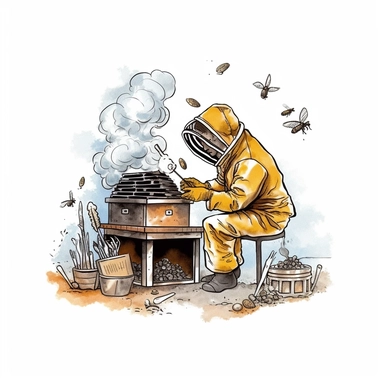 A dynamic illustration of a beekeeper working with a smoker, releasing puffs of smoke around the beehive to calm the bees, with a hive tool and gloves visible nearby. (Digital drawing clipart, image black border color, full body, flat texture, transparent background)