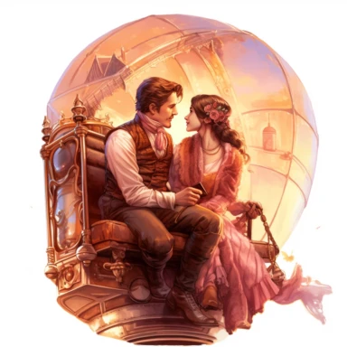 Steampunk lovers enjoying a romantic evening in a luxurious steam-powered hot air balloon, the sky painted in hues of golden orange and rosy pink, their outfits embellished with intricate clockwork patterns, captured in ultra high quality, 32k, Unreal Engine cinematic smooth, hyper-realistic, retro-futurism, watercolor clipart, white background