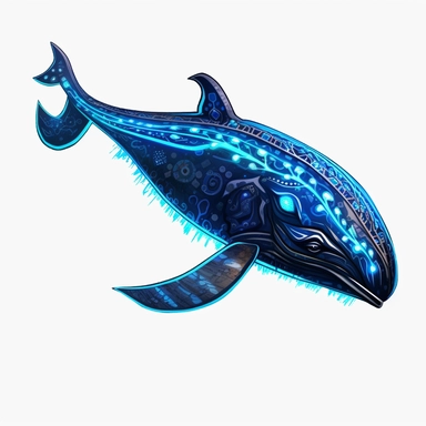 a glowing tribal blue whale with blue lights on his eyes, tribal animals, in the style of manhwa character design, master of shadows, burned/charred, himalayan art, dark black and light azure, 2d game art, quadratura, clipart, on white blackground