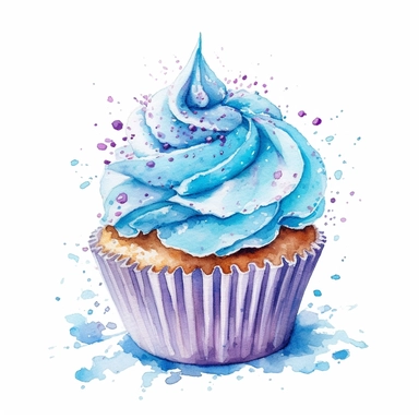 blue cupcake. splashes and sparkles. white background. clipart. watercolour