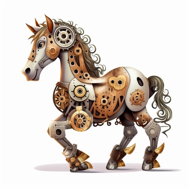 friendly horse with cute eyes, standing up, in the style of steampunk, clipart, white background, lots of cogs