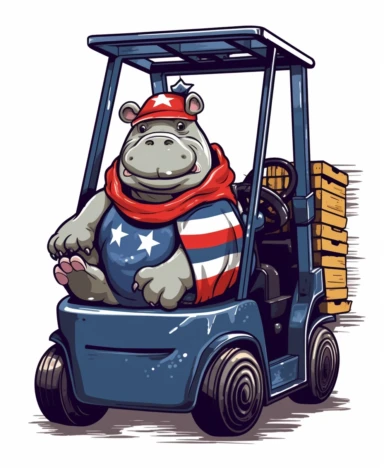 Showcasing a cartoon hippopotamus as a forklift operator, with the design featuring patriotic motifs and symbols representing the United States. The overall design can appear polished and poignant, with the hippopotamus proudly operating the forklift, that can be used as a sticker, colorful, highly detailed, with a white background, in the style of Pixar clipart, and no cut off edges.