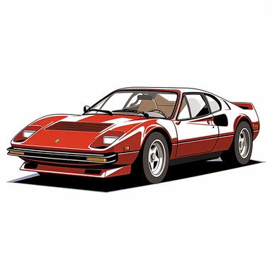 in clipart style, vector image, A meticulously crafted illustration of a red 1975 Ferrari 308 GTB , highlighting its iconic design and graceful contours, placed against pure white background (style: evoking the accuracy and refinement of classic automobile blueprints) (lighting: (colors: an elegant palette for the car's body set against a pristine, white backdrop) (composition: captured from a side view or three-quarter angle using a 35mm lense ensuring enough space is between the car and pictur