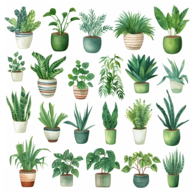 Watercolor House Plants Clipart. Indoor Plants Elements. Monstera, Cactus Illustration. Boho Home Decor Clipart. Home green garden. Plants in pots