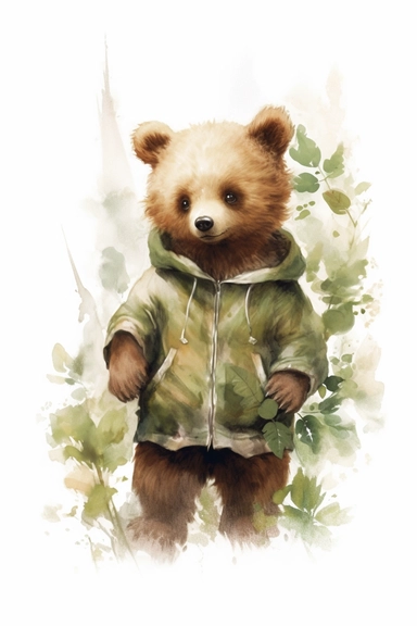 little baby, brown bear,neutral nursery art,cute bear, Baby attire,intricate,disney, baby light green,baby light blue, baby light ocher,hairy, cotton, beautiful trees,enchanted Forest,realism, watercolor painting, enchanted Forest, solid background, white background, vintage outfit, oil painting, photobashing, ,clipart