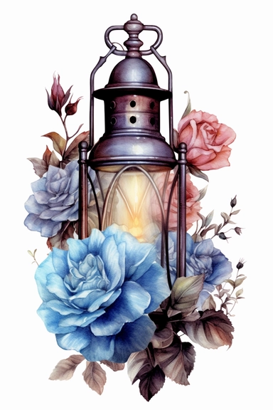 ultra-realistic floral tinted latern, watercolor clipart style, on white background, 32k, full high definition, ultra clear image, ultra fine lines, black outlines