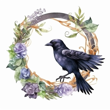 a cute fluffy fat flying raven on a branch, wreath, in a circle, clipart, white background, watercolor, Art Nouveau, highly detailed