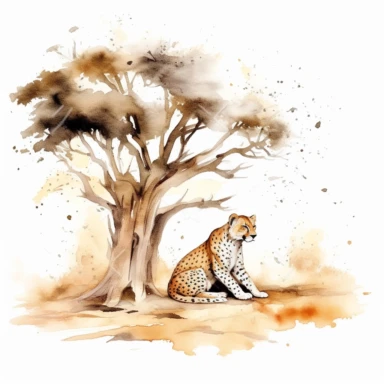realistic watercolor cheetah taking a nap while yawning on a dry desert land with a huge tree under the shade on solid white background, clipart